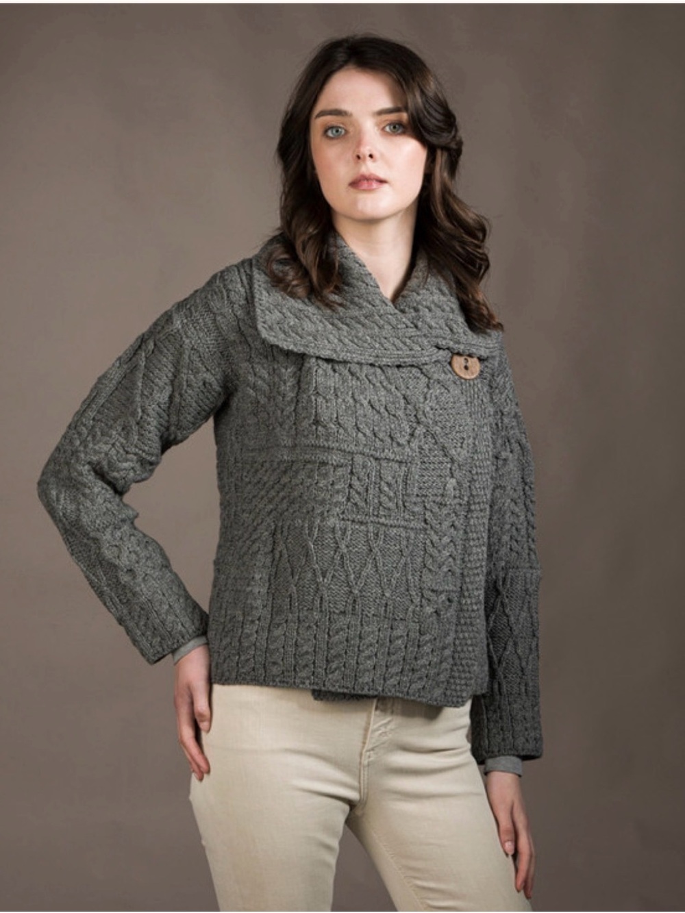 Aran Sweater Market Patchwork Cardigan with Collar Gray Ireland Size Large